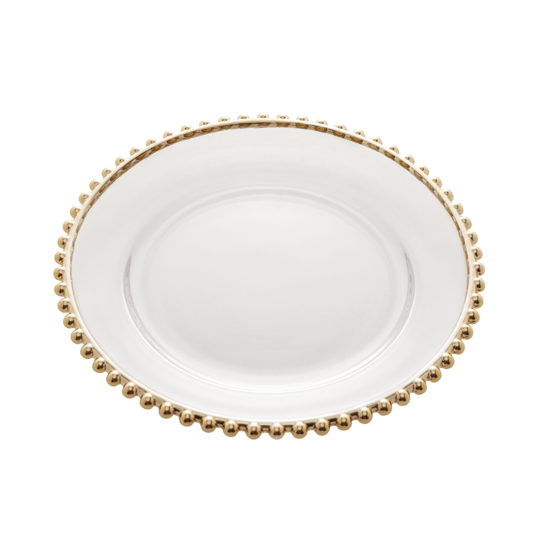 Prato Sobremesa Cristal com Borda Bolinha Dourada Pearl - 20 cm