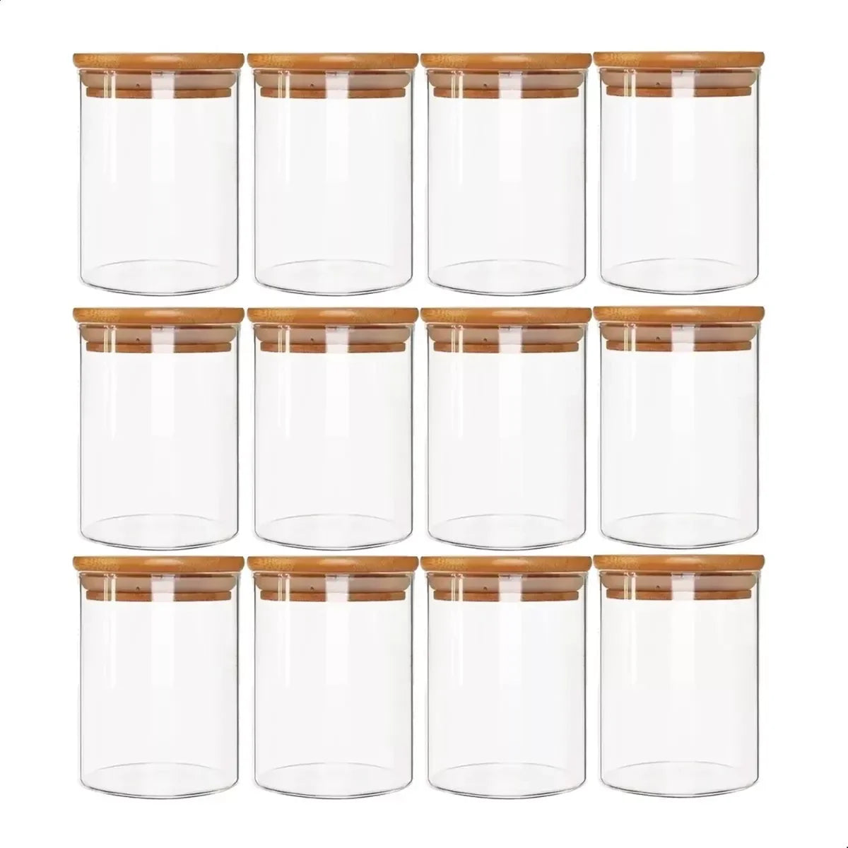 Kit De 12 Potes Herméticos Vidro Tampa Bambu 110ml