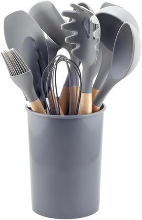 Kit Utensílios de Cozinha em Silicone e Madeira Antiaderente Branco 12 Peças