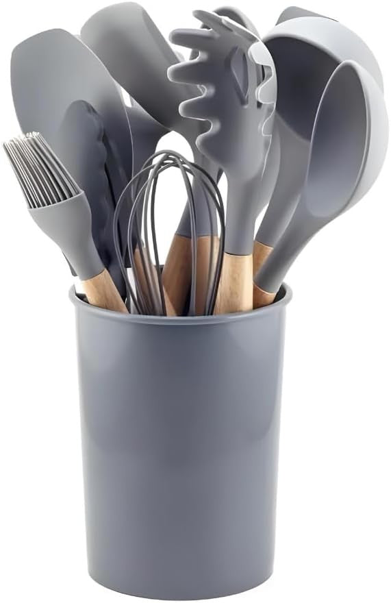 Kit Utensílios de Cozinha em Silicone e Madeira Antiaderente Branco 12 Peças